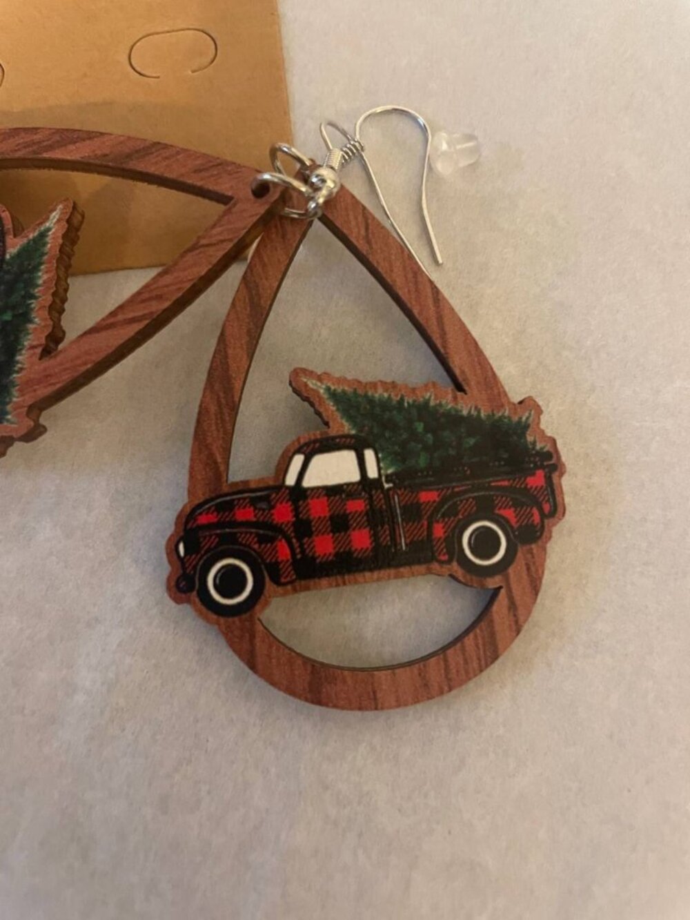 New Festive Christmas Truck tree Plaid Wood Dangle Earrings - Cozy Holiday - Picture 2 of 3